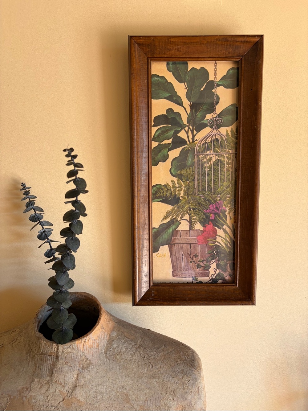70’s Vtg Arthur A. Kaplan Botanical Birdcage Framed Lithograph Print